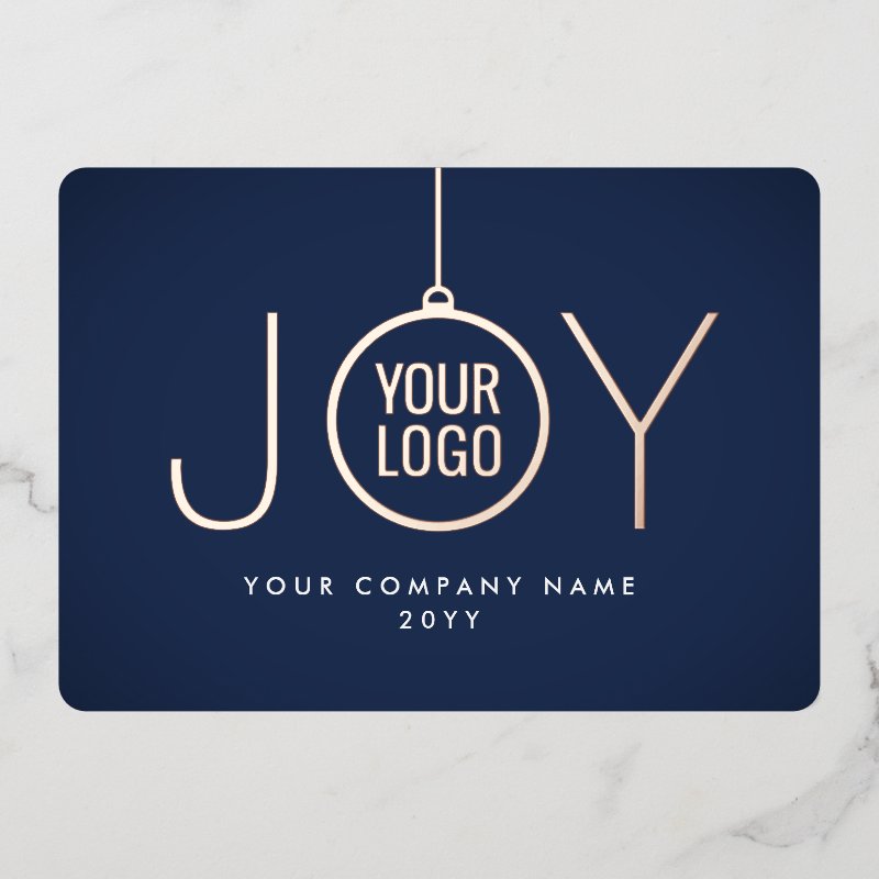 Business Logo Christmas Ornament Navy Blue JOY Foil Holiday Card 5\\" x 7\\" Foil Holiday Card