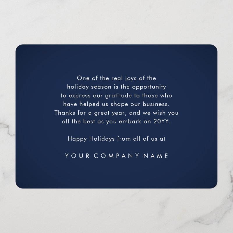 Business Logo Christmas Ornament Navy Blue JOY Foil Holiday Card 5\\" x 7\\" Foil Holiday Card