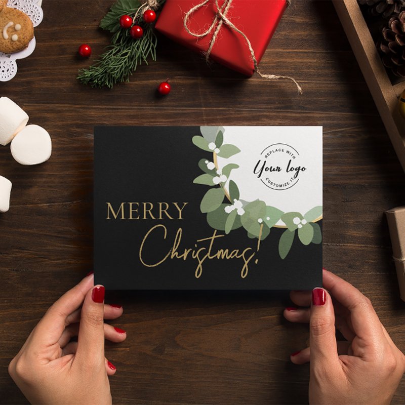 Merry Christmas Company Logo Gold black Custom Holiday Card Custom Folded Holiday Card, Size: Standard, 5\\" x 7\\