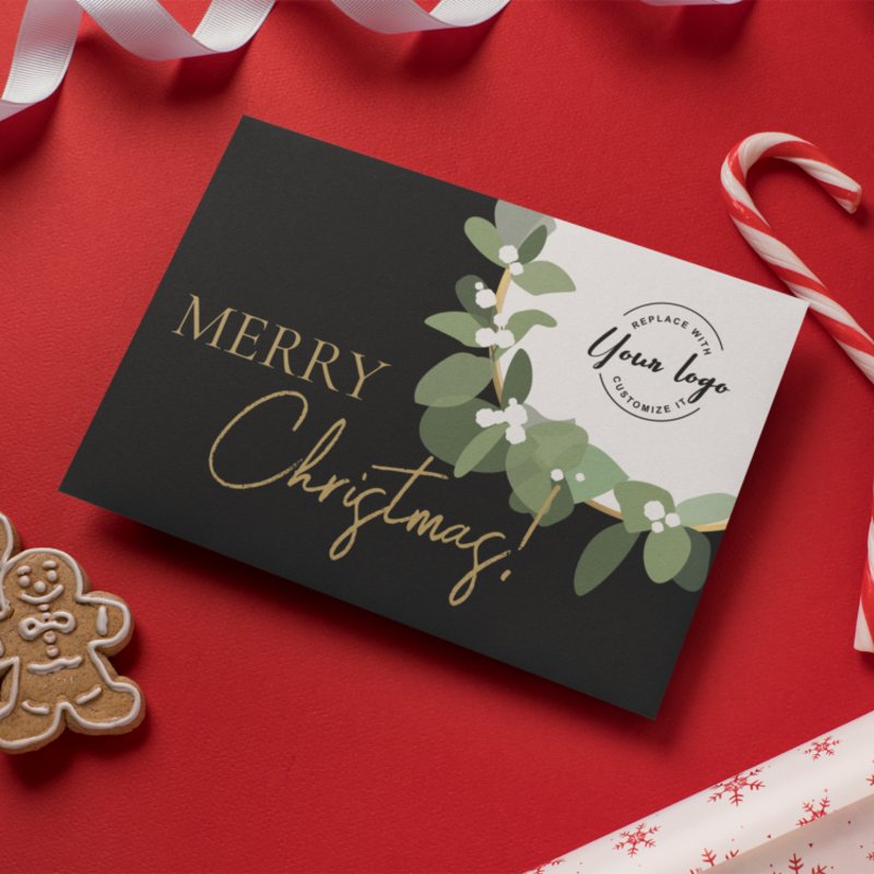 Merry Christmas Company Logo Gold black Custom Holiday Card Custom Folded Holiday Card, Size: Standard, 5\\" x 7\\
