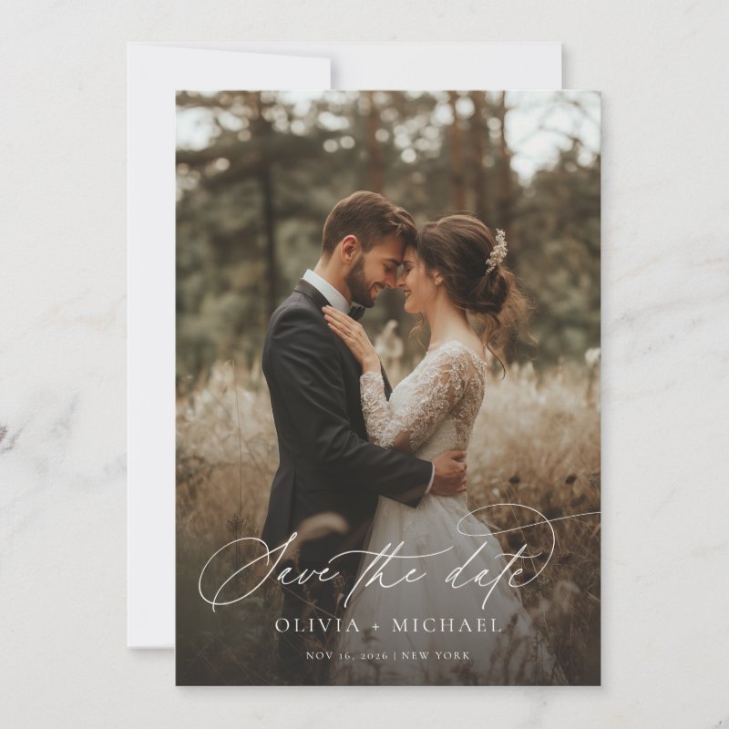 Modern Script Elegant Wedding Photo Save The Date 5\\" x 7\\" Flat Save The Date Card