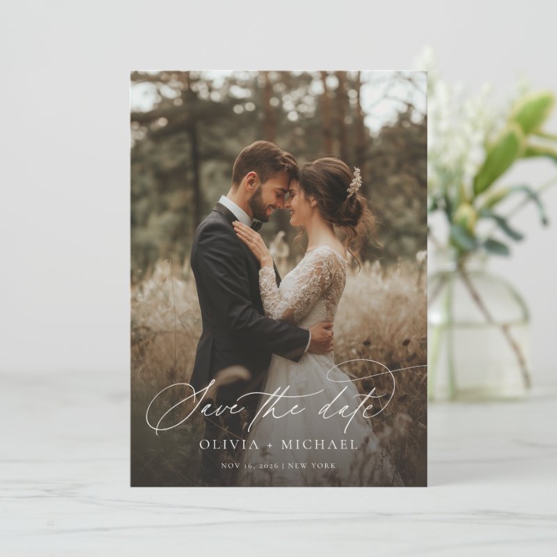 Modern Script Elegant Wedding Photo Save The Date 5\\" x 7\\" Flat Save The Date Card