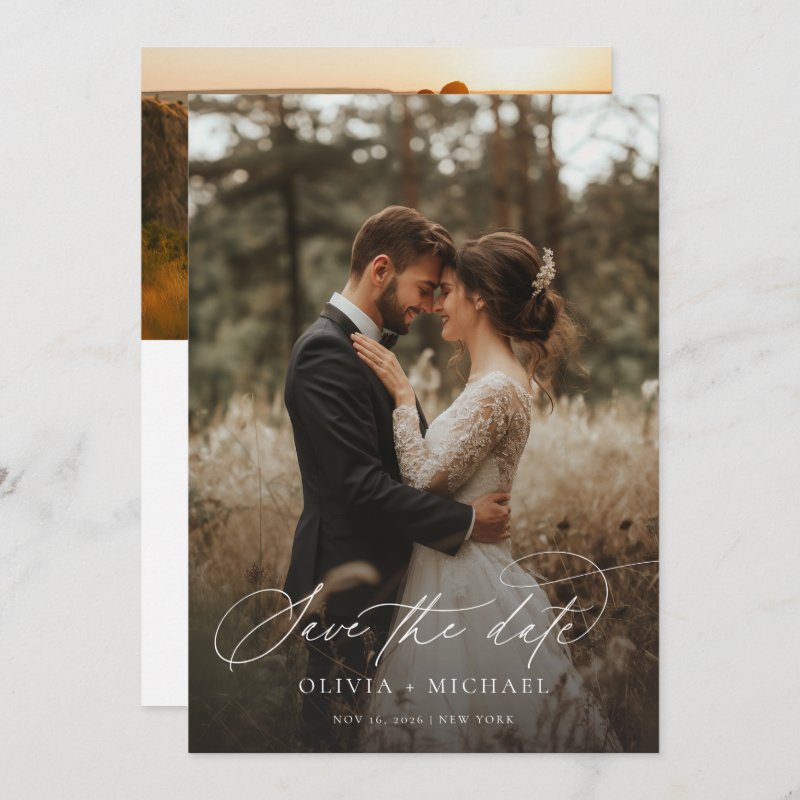 Modern Script Elegant Wedding Photo Save The Date 5\\" x 7\\" Flat Save The Date Card