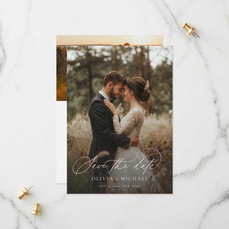 Modern Script Elegant Wedding Photo Save The Date 5\\" x 7\\" Flat Save The Date Card
