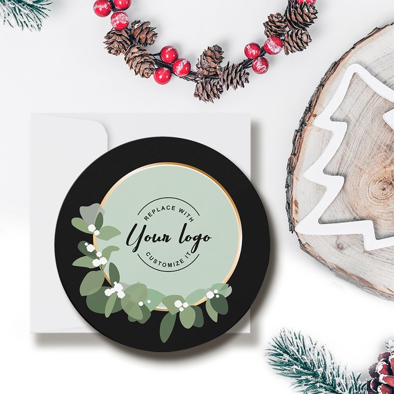 2025 Holiday Corporate Green Wreath Custom Logo Flat Holiday Card, Size: 5.25\\" x 5.25\\
