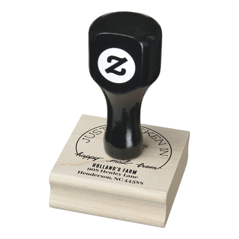 Funny Chicken Happy Mail Return Address Stamp Custom 2\\" x 2\\" Rubber Stamp, Ink Pad Color = None, Orientation = Horizontal, Handle = Wooden Handle