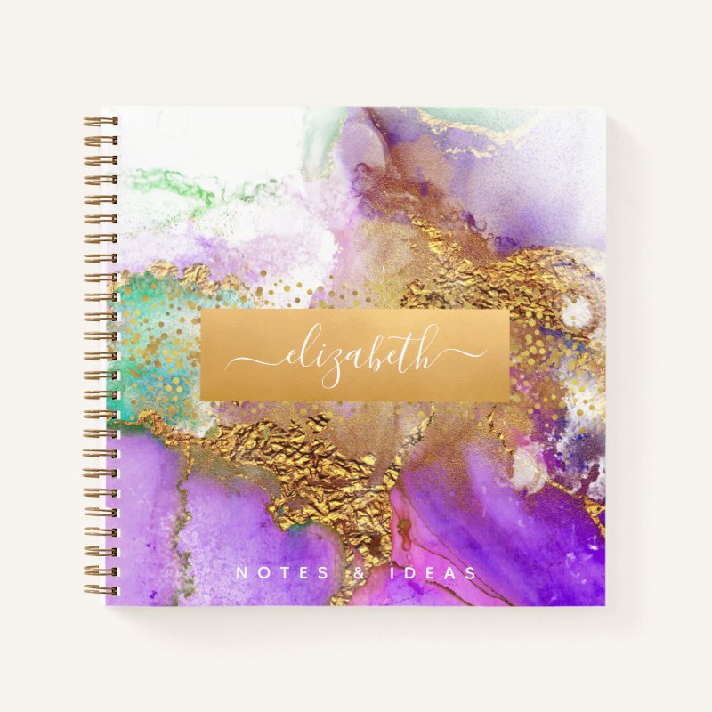 Agate watercolor gold purple aqua chic glam square notebook 8.5\\" x 8.5\\" Deluxe Spiral Notebook