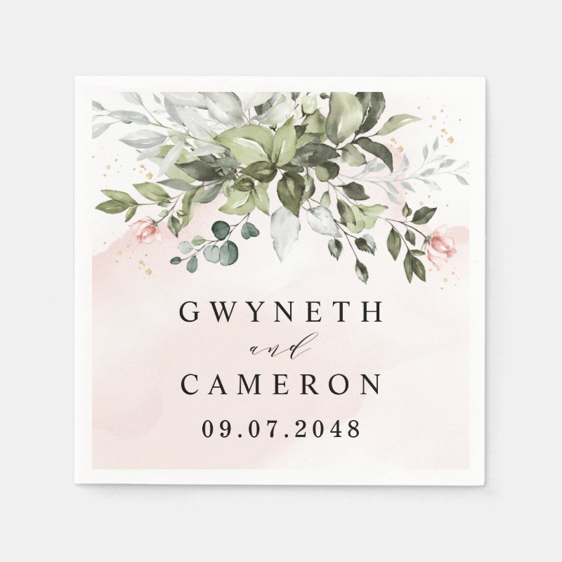 Blush Gold Greenery Succulent Dusty Blue Wedding Napkins Paper Napkins, Standard Cocktail