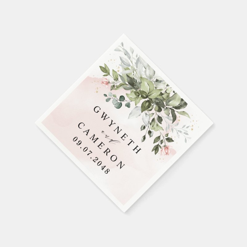 Blush Gold Greenery Succulent Dusty Blue Wedding Napkins Paper Napkins, Standard Cocktail