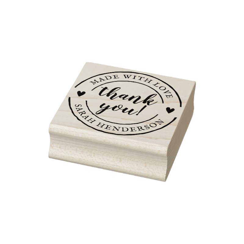 Made With Love & Custom Name Product Thank You Rubber Stamp Custom 2\\" x 2\\" Rubber Stamp, Ink Pad Color = None, Orientation = Horizontal, Handle = No Handle