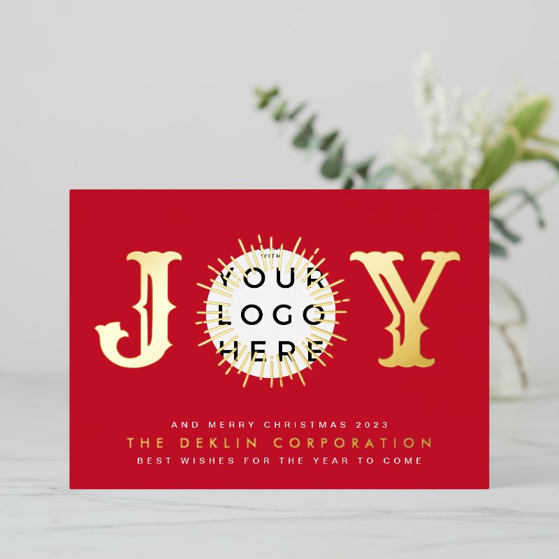 Classic Christmas Red GOLD JOY Business LOGO Foil Holiday Card 5\\" x 7\\" Foil Holiday Card