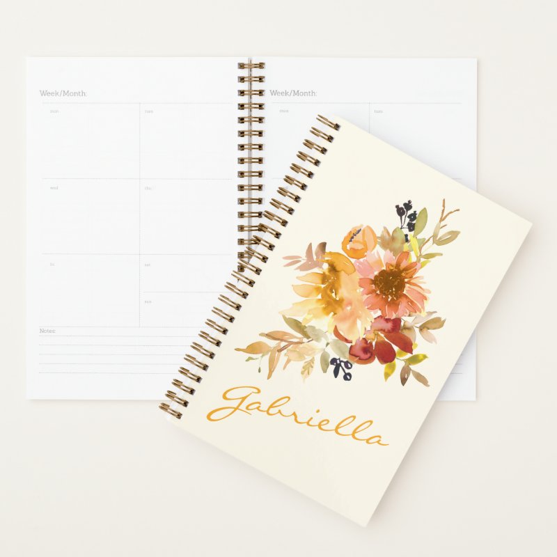 Stylish Autumn Fall Watercolor Floral Personalized Planner Small (5.5\\" x 8.5\\"), Soft Cover, Gold Spiral Planner