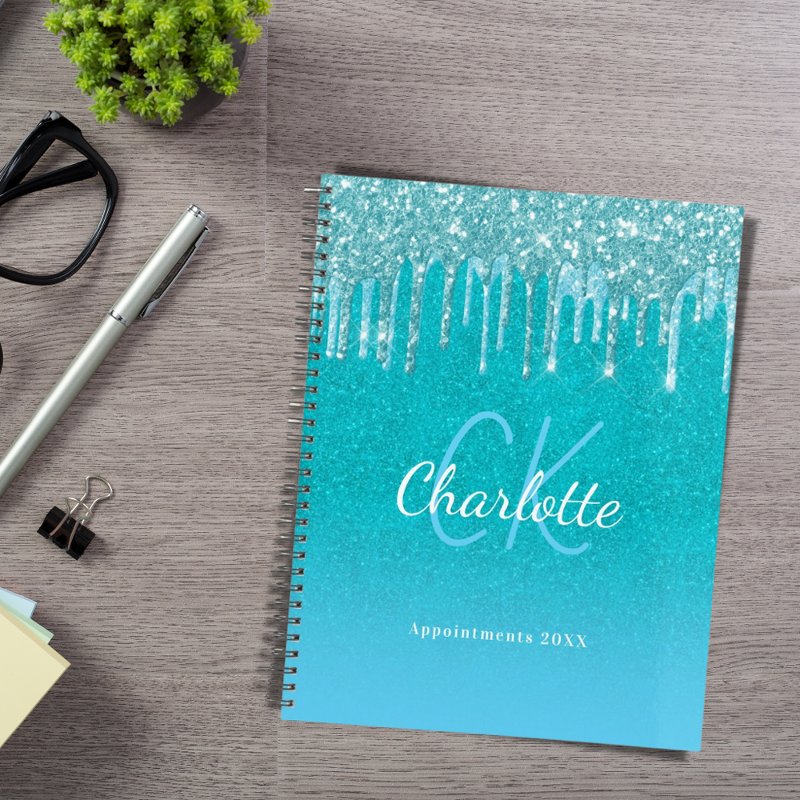Teal blue glitter aqua green name planner Standard (8.5\\" x 11\\"), Soft Cover, White Spiral Planner