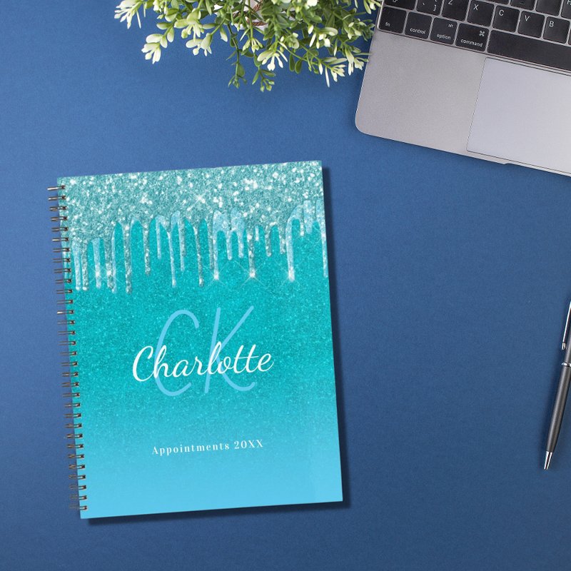 Teal blue glitter aqua green name planner Standard (8.5\\" x 11\\"), Soft Cover, White Spiral Planner