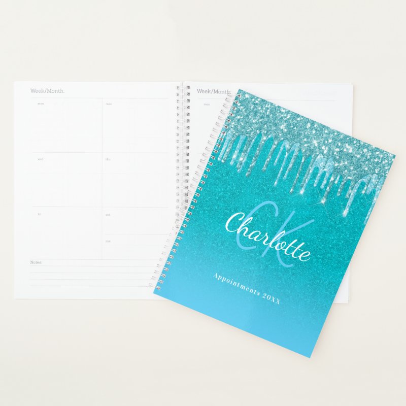 Teal blue glitter aqua green name planner Standard (8.5\" x 11\"), Soft Cover, White Spiral Planner 5 Teal blue glitter aqua green name planner Standard (8.5\\" x 11\\"), Soft Cover, White Spiral Planner