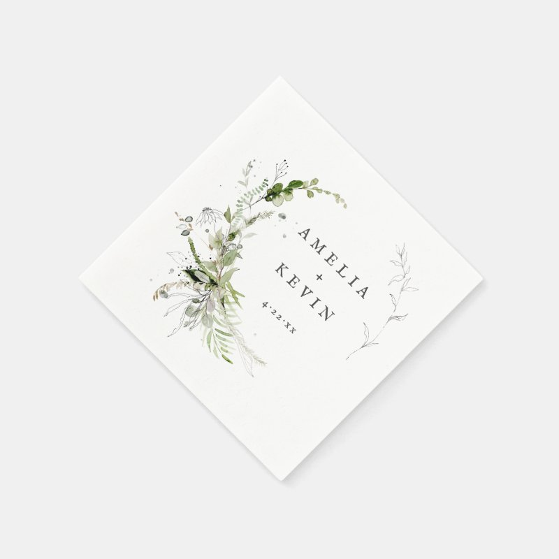Elegant Earthy Greenery Personalized Names Date Napkins Paper Napkins, Standard Cocktail