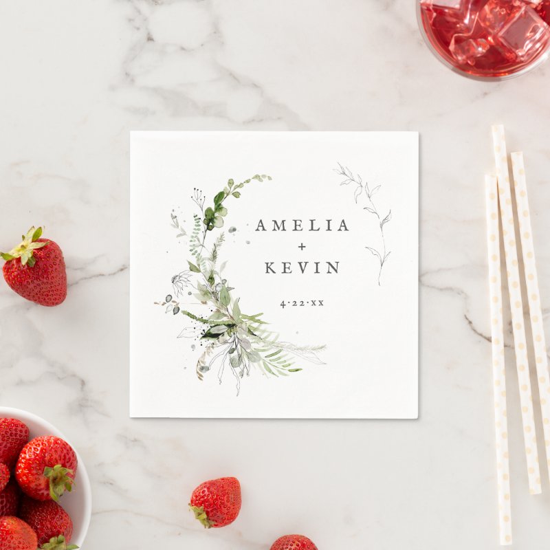 Elegant Earthy Greenery Personalized Names Date Napkins Paper Napkins, Standard Cocktail 3 Elegant Earthy Greenery Personalized Names Date Napkins Paper Napkins, Standard Cocktail