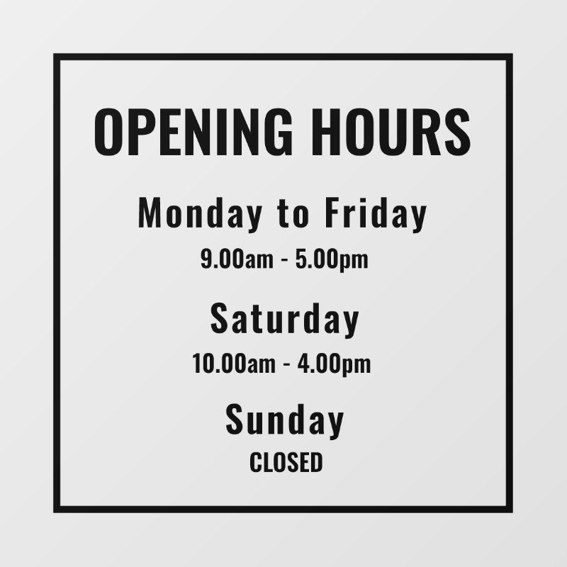 “Minimal Modern Business Hours Sign | Custom Window Cling, Size: 24.00\\" x 24.00\\