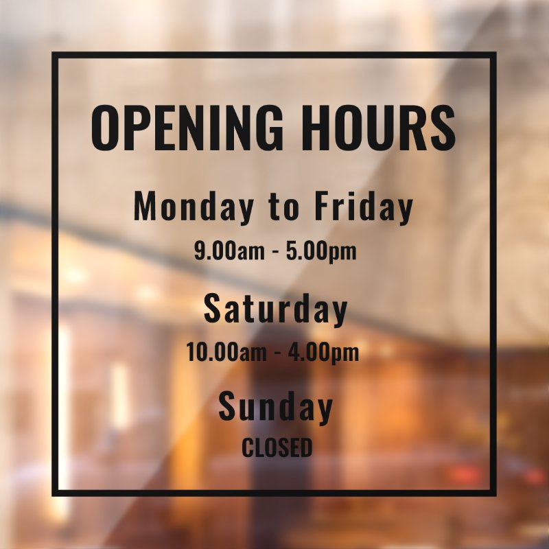 “Minimal Modern Business Hours Sign | Custom Window Cling, Size: 24.00\\" x 24.00\\