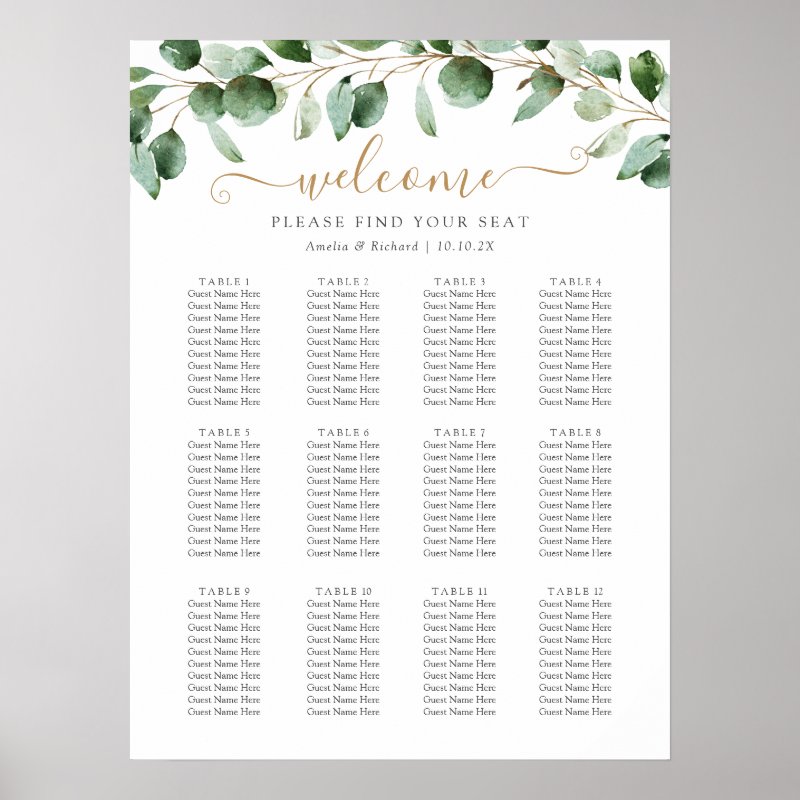 Simple Eucalyptus Greenery Wedding Seating Chart Print, Value Poster Paper (Semi-Gloss)