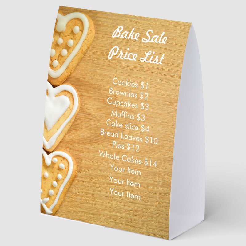 Bake Sale Price List Cookies Photo Paper Table Tent Table Tent Sign, Size: 5\\" x 7\\
