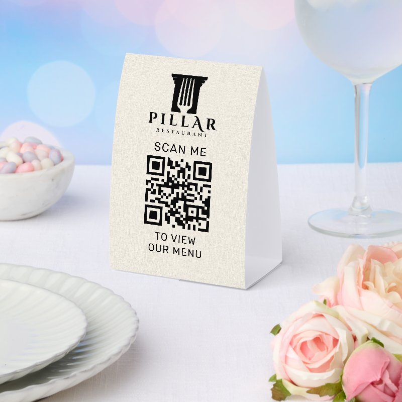 QR Code Menu Light Beige Linen Custom Logo Paper Table Tent Table Tent Sign, Size: 4\\" X 6\\