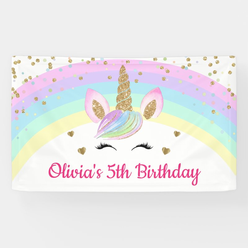 Rainbow Unicorn Gold Glitter Girl Birthday Banner Vinyl Banner, 3\' x 5\'