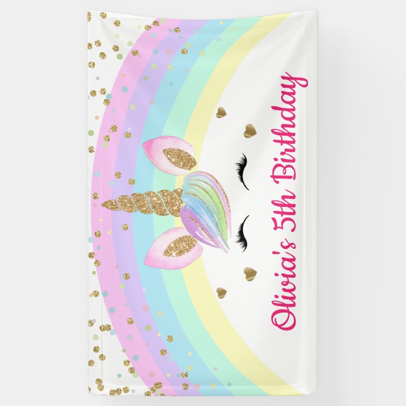 Rainbow Unicorn Gold Glitter Girl Birthday Banner Vinyl Banner, 3\' x 5\'