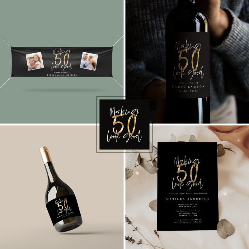 making 50 look good black and gold birthday banner Vinyl Banner, 2.5\' x 6\'