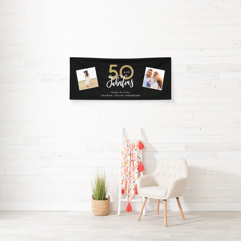 50 and fabulous black and gold birthday banner Vinyl Banner, 2.5\' x 6\'