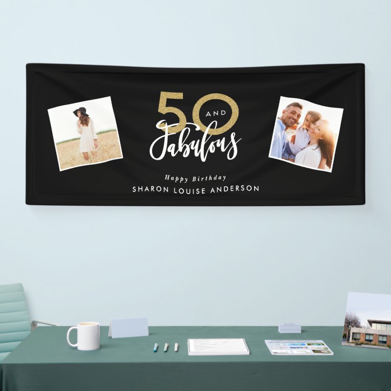 50 and fabulous black and gold birthday  banner Vinyl Banner, 2.5\' x 6\'