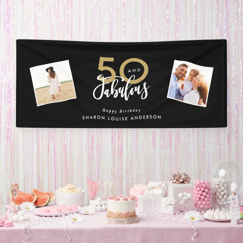 50 and fabulous black and gold birthday  banner Vinyl Banner, 2.5\' x 6\'