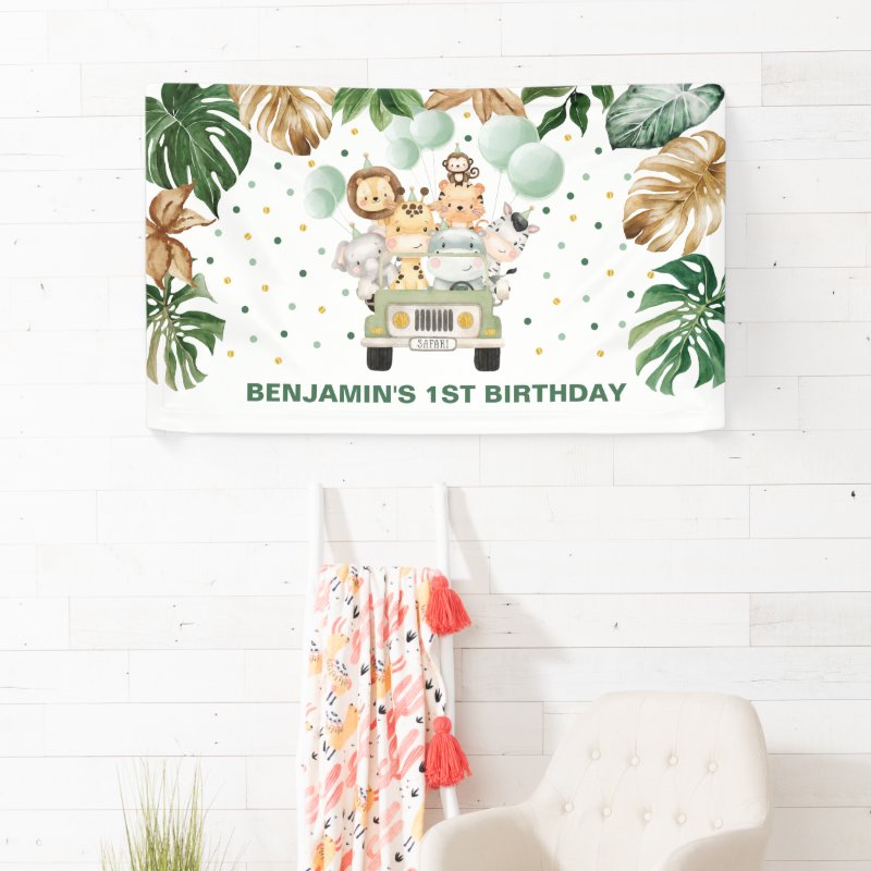 Cute Wild Jungle Safari Animals Birthday Parade Banner Vinyl Banner, 3\' x 5\'