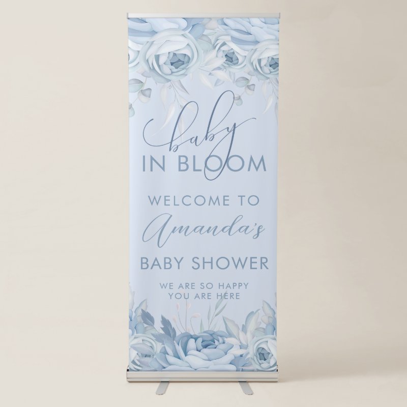 Dusty Blue Baby In Bloom Baby Shower Welcome Retractable Banner Vertical Retractable Banner