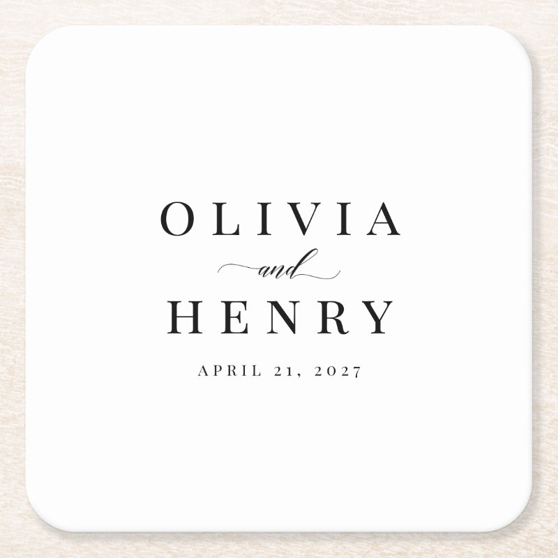 Classic Elegant Script Wedding Rehearsal Dinner Square Paper Coaster Custom Square Coasters
