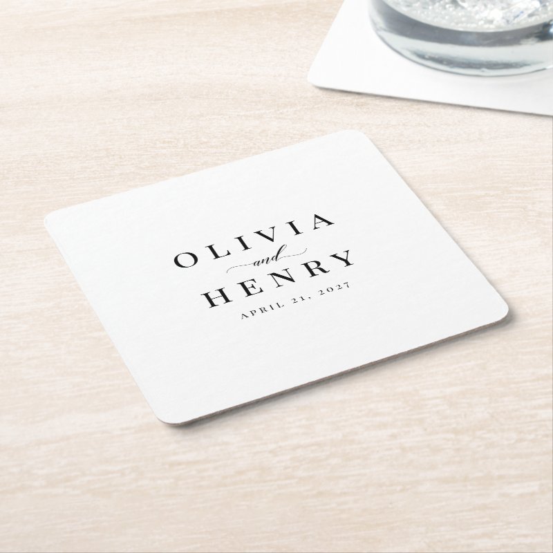Classic Elegant Script Wedding Rehearsal Dinner Square Paper Coaster Custom Square Coasters 3 Classic Elegant Script Wedding Rehearsal Dinner Square Paper Coaster Custom Square Coasters
