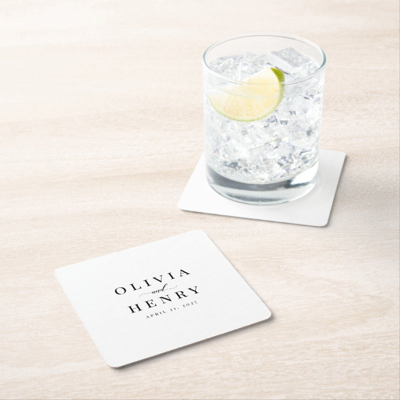 Classic Elegant Script Wedding Rehearsal Dinner Square Paper Coaster Custom Square Coasters 4 Classic Elegant Script Wedding Rehearsal Dinner Square Paper Coaster Custom Square Coasters