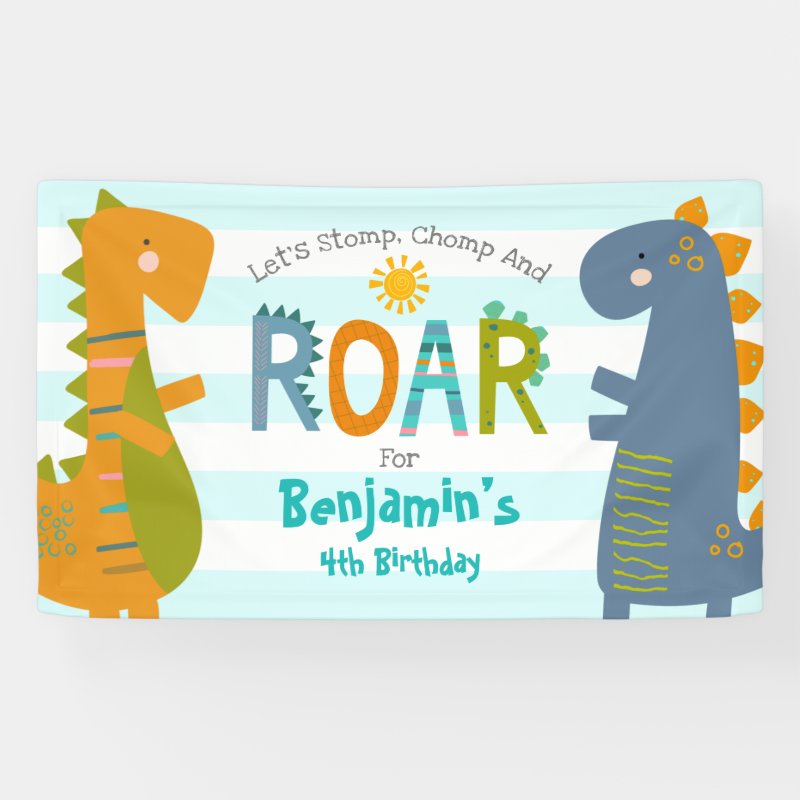 Cute Blue Dinosaurs Stomp Chomp Roar Boy Birthday  Banner Vinyl Banner, 3\' x 5\'