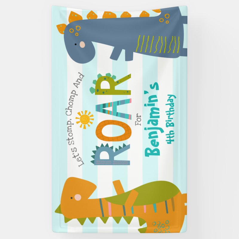 Cute Blue Dinosaurs Stomp Chomp Roar Boy Birthday  Banner Vinyl Banner, 3\' x 5\'