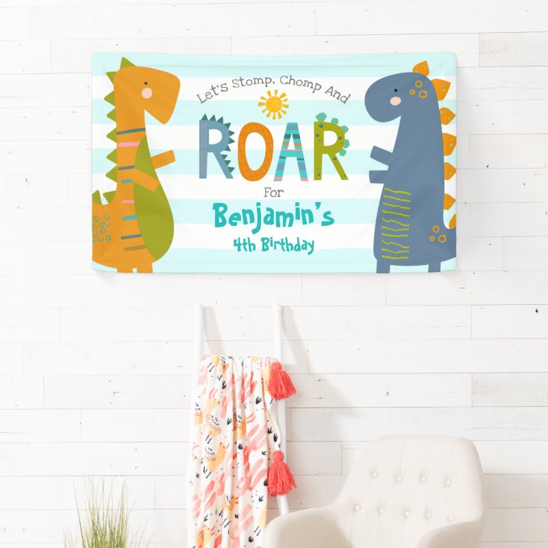 Cute Blue Dinosaurs Stomp Chomp Roar Boy Birthday Banner Vinyl Banner, 3' x 5' 3 Cute Blue Dinosaurs Stomp Chomp Roar Boy Birthday Banner Vinyl Banner, 3\' x 5\'
