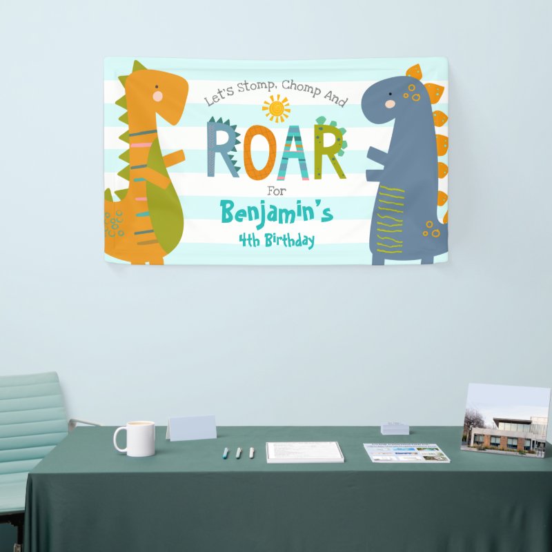 Cute Blue Dinosaurs Stomp Chomp Roar Boy Birthday Banner Vinyl Banner, 3' x 5' 4 Cute Blue Dinosaurs Stomp Chomp Roar Boy Birthday Banner Vinyl Banner, 3\' x 5\'