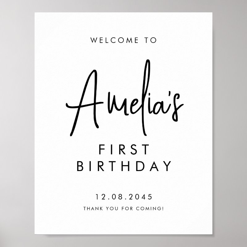 Black Handwritten Script First Birthday Welcome Poster Print, Value Poster Paper (Semi-Gloss)